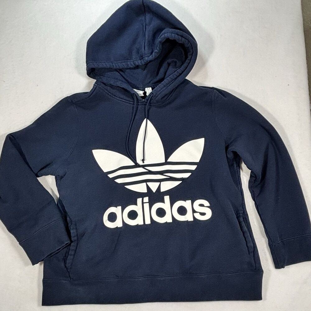 Adidas Hoodie Mens L Blue Trefoil Sweatshirt Big Logo Gym Soccer Athletic